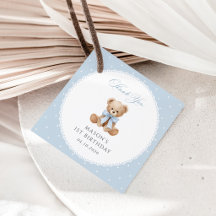 Teddy Bear, Bow, Blue Polka Dots, First Birthday