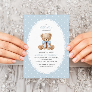 Teddy Bear, Bow, Blue Polka Dots, First Birthday Invitation