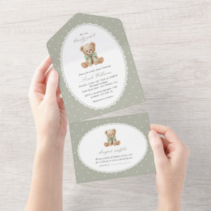 Teddy Bear, Bow, Green Polka Dots, Baby Shower All In One Invitation
