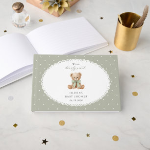 Teddy Bear, Bow, Green Polka Dots, Baby Shower Guest Book