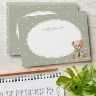 Teddy Bear, Bow, Green Polka Dots, First Birthday Envelope