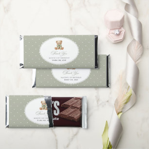 Teddy Bear, Bow, Green Polka Dots, First Birthday Hershey Bar Favors