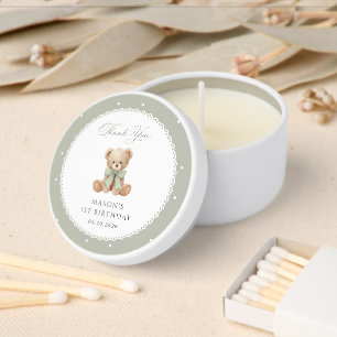 Teddy Bear, Bow, Green Polka Dots, First Birthday Mini Candle Favors