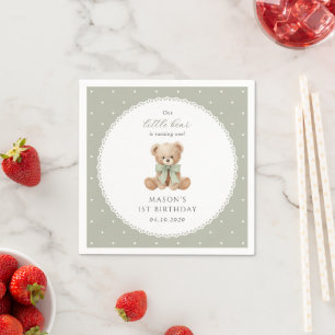 Teddy Bear, Bow, Green Polka Dots, First Birthday Napkins