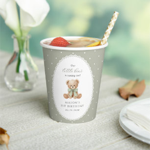 Teddy Bear, Bow, Green Polka Dots, First Birthday Paper Cups