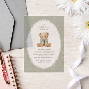 Teddy Bear, Bow, Green Polka Dots, First Birthday Vellum Invitations