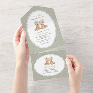 Teddy Bear, Bow, Green Polka Dots, Gender Reveal All In One Invitation