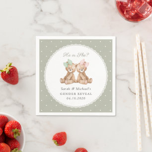 Teddy Bear, Bow, Green Polka Dots, Gender Reveal Napkins
