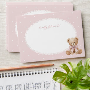 Teddy Bear, Bow, Pink Polka Dots, First Birthday Envelope
