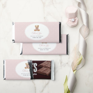 Teddy Bear, Bow, Pink Polka Dots, First Birthday Hershey Bar Favors