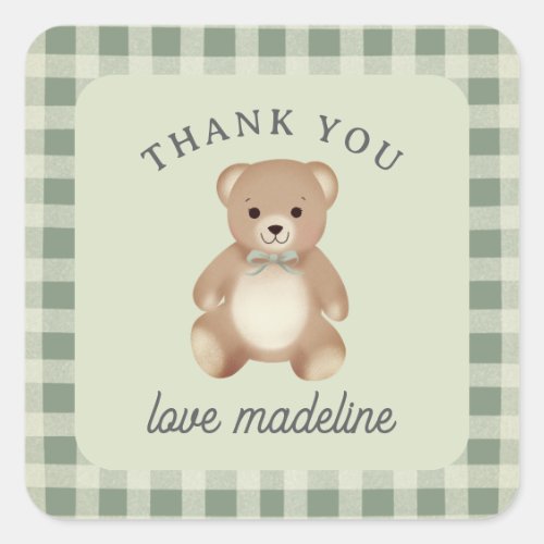 Teddy Bear Bow Stuffy Gingham Antique Sage Square Sticker