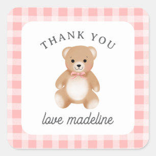 Teddy Bear Bow Stuffy Gingham Pink Baby Shower Square Sticker