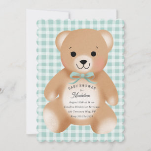 Teddy Bear Bow Stuffy Gingham Sage Green Invitation