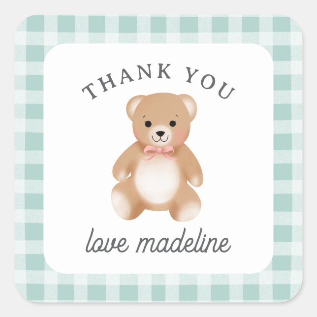 Teddy Bear Bow Stuffy Gingham Sage Pink Square Sticker (Front)