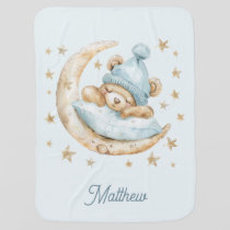 Teddy Bear Boy Baby Blankets Moon Stars Name Blue