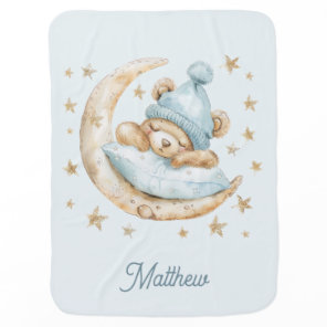 Teddy Bear Boy Baby Blankets Moon Stars Name Blue