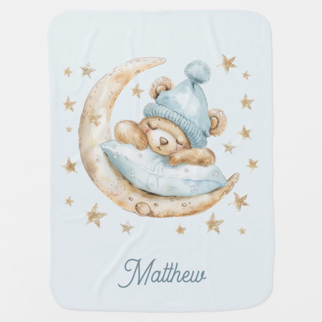 Teddy Bear Boy Baby Blankets Moon Stars Name Blue (Front)