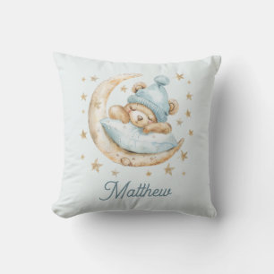 Teddy Bear Boy Baby Blankets Moon Stars Name Blue Throw Pillow