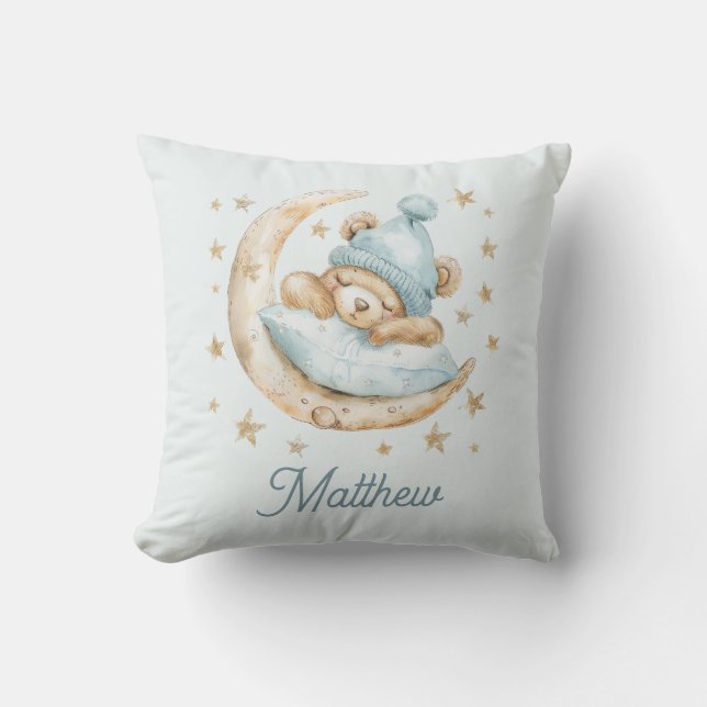 Teddy Bear Boy Baby Blankets Moon Stars Name Blue Throw Pillow (Front)