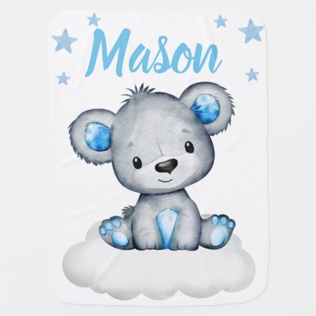 Teddy Bear Boy Baby Blankets Star Blue Name