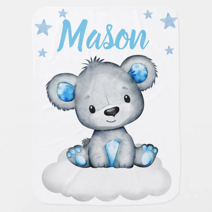 Personalised blue teddy bear with wooden heart suitable for new baby birthday 