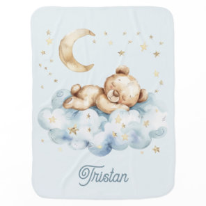 Teddy Bear Boy Baby Moon Stars Name Blue Blanket