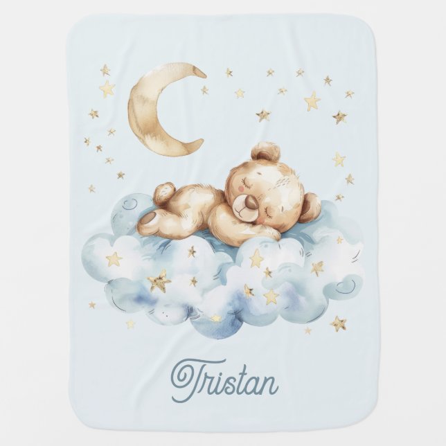 Teddy Bear Boy Baby Moon Stars Name Blue Blanket (Front)