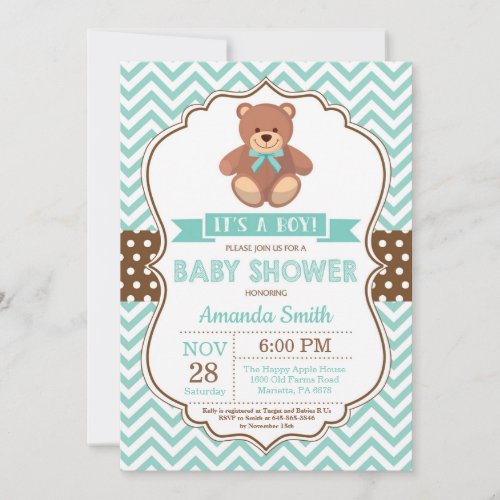 Teddy Bear Boy Baby Shower Aqua Chevron Invitation