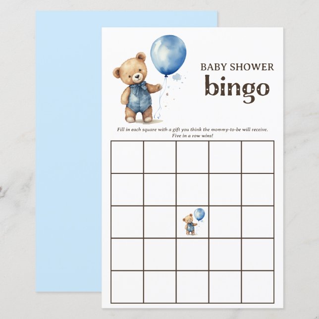 Teddy Bear Boy Baby Shower Bingo Game (Front/Back)