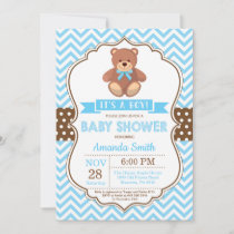Teddy Bear Boy Baby Shower Blue Chevron Invitation