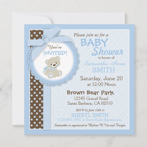 Teddy Bear Boy Baby Shower Blue Invitation