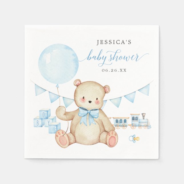 Teddy Bear Boy Baby Shower Cocktail Napkin (Front)
