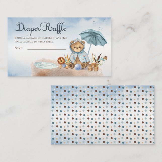 Teddy Bear Boy Baby Shower Diaper Raffle Enclosure Card (Front/Back)