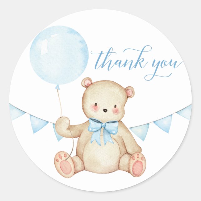 Teddy Bear Boy Baby Shower Favor Sticker (Front)
