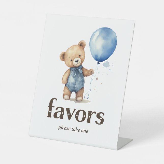 Teddy Bear Boy Baby Shower Favors Pedestal Sign (Front)