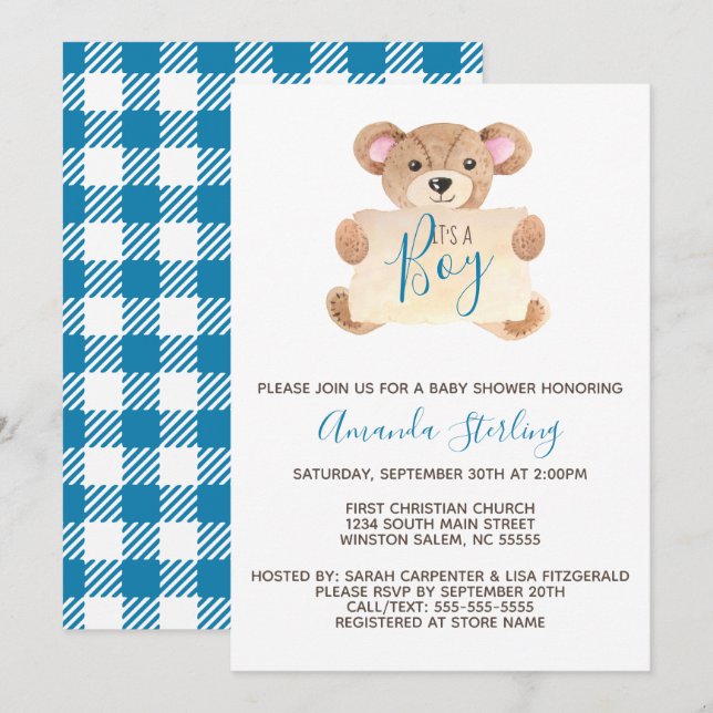 Teddy bear boy baby shower invitation (Front/Back)
