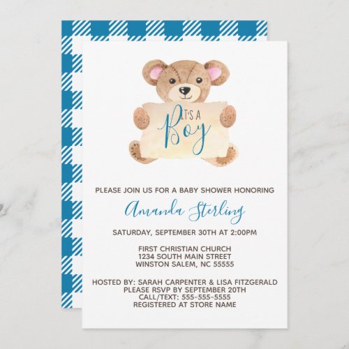 Teddy bear boy baby shower invitation