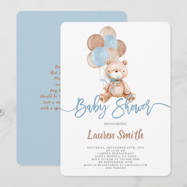 Teddy Bear Boy Baby Shower Invitation (Front/Back)