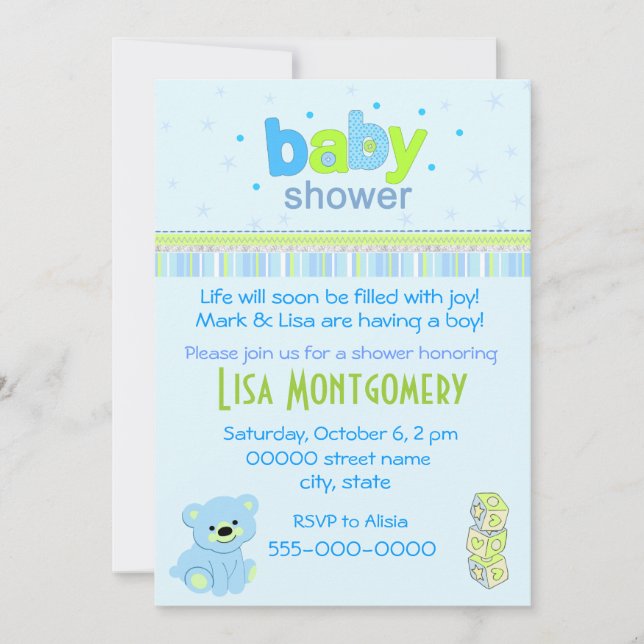 Teddy bear boy baby shower invitation (Front)