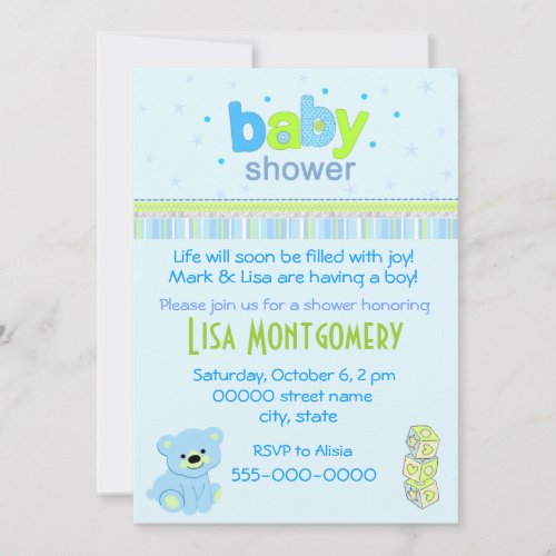 Teddy bear boy baby shower invitation