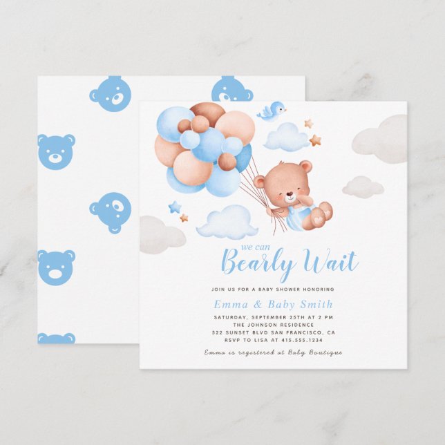 Teddy Bear Boy Baby Shower Invitation (Front/Back)