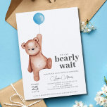 Teddy Bear Boy Baby Shower Invitation<br><div class="desc">A baby shower "we can bearly wait" invitation featuring a teddy bear and blue balloon for a baby boy. Matching items available in the Teddy Bear Baby Shower Theme collection.</div>