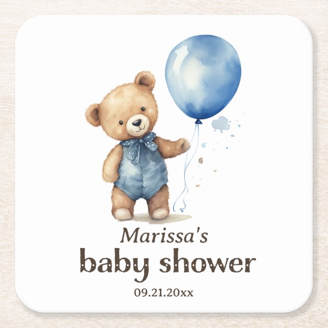 Teddy Bear Boy Baby Shower Paper Coaster (Front)