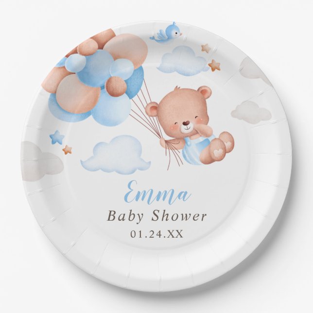 Teddy Bear Boy Baby Shower Paper Plates (Front)