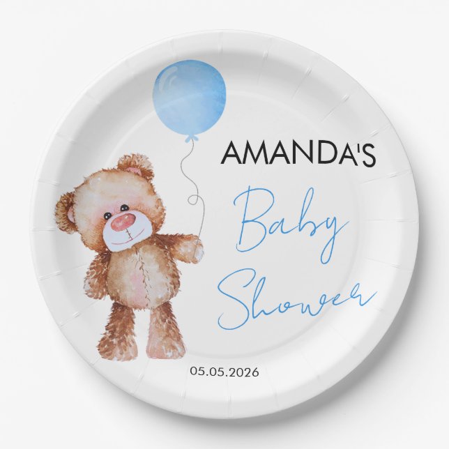 Teddy Bear Boy Baby Shower Paper Plates (Front)
