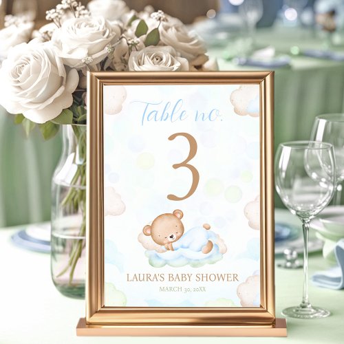 Teddy Bear Boy Baby Shower Table Number Sign