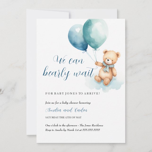 Teddy Bear Boy Bearly Wait Baby Shower Invitation (Front)