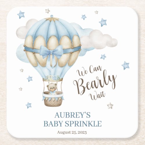 Teddy Bear Boy Bearly Wait Baby Sprinkle Square Paper Coaster