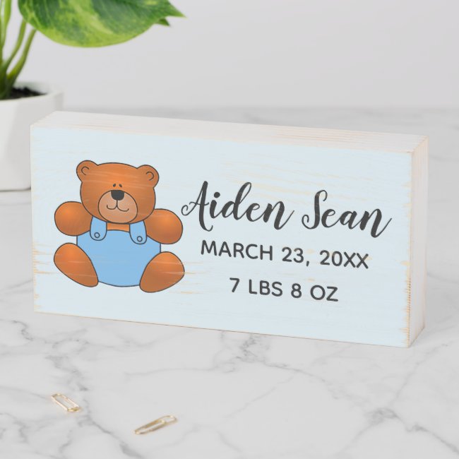 Teddy Bear Boy Birth Wooden Box Sign