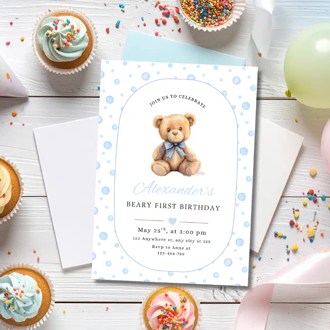 Teddy Bear Boy Birthday Invite, Beary 1st Birthday Invitation | Zazzle